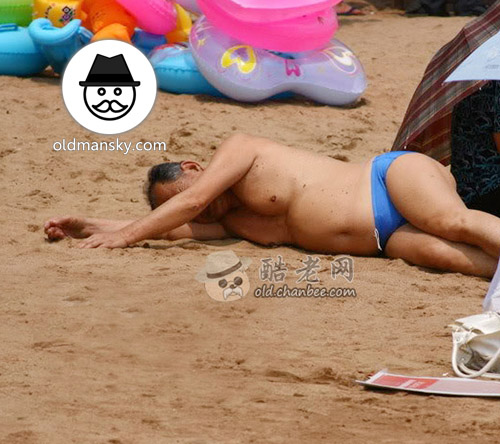 Swimming old daddy and old man on the beach